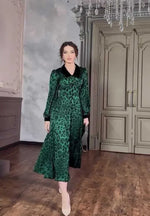 Dark Green Leopard Print Dress with Long Sleeves and Belted Waist - Sizes S to XXL - Allen-Fitness
