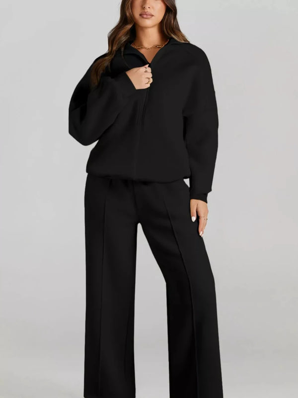 Drop Shoulder Zip Up Jacket and Drawstring Pants Active 2pcs Set