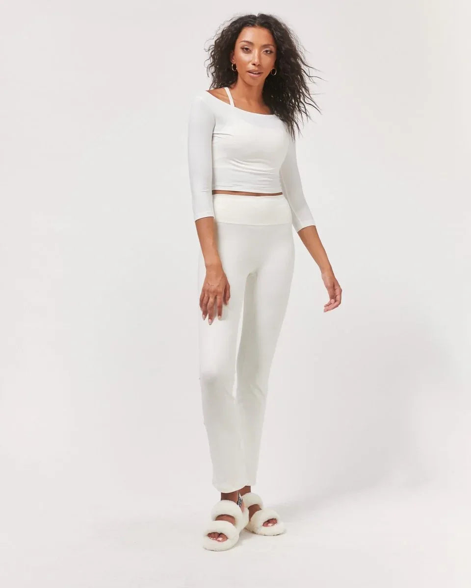 Flattering Open Shoulder Semi-Crop Lounge Top with 3/4 Sleeves - Ultra Soft Fabric - Allen-Fitness