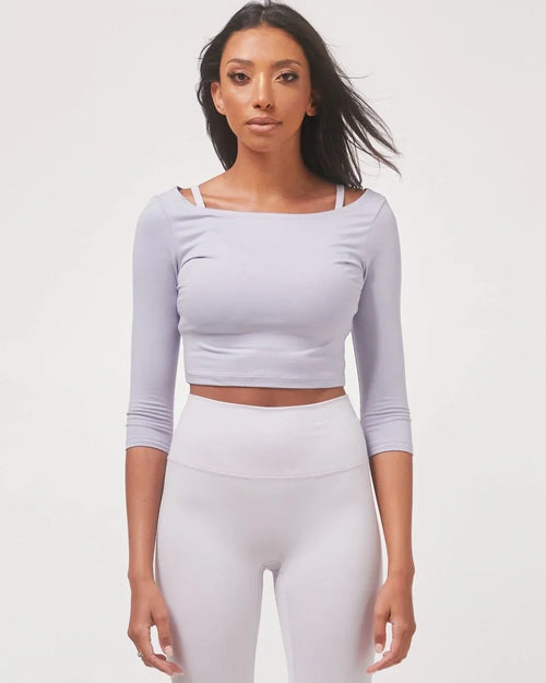Flattering Open Shoulder Semi-Crop Lounge Top with 3/4 Sleeves - Ultra Soft Fabric