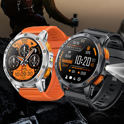 Close-up view of K67 Bluetooth Calling Compass AMOLED Smart Watch highlighting its metallic body and touch interface.