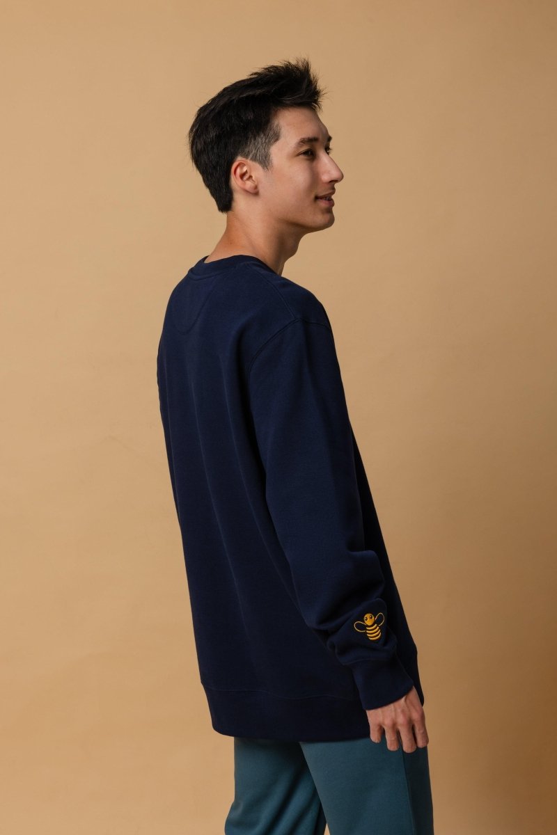 Eco - Friendly Sweatshirt with Embroidered Bee - Soft Organic Cotton Navy Casual Wear - Allen - Fitness
