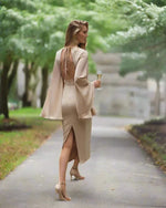 Elegant Backless Dress for Women with Bell Sleeves, High Waist, Khaki Color, Available in S, M, L - Allen-Fitness
