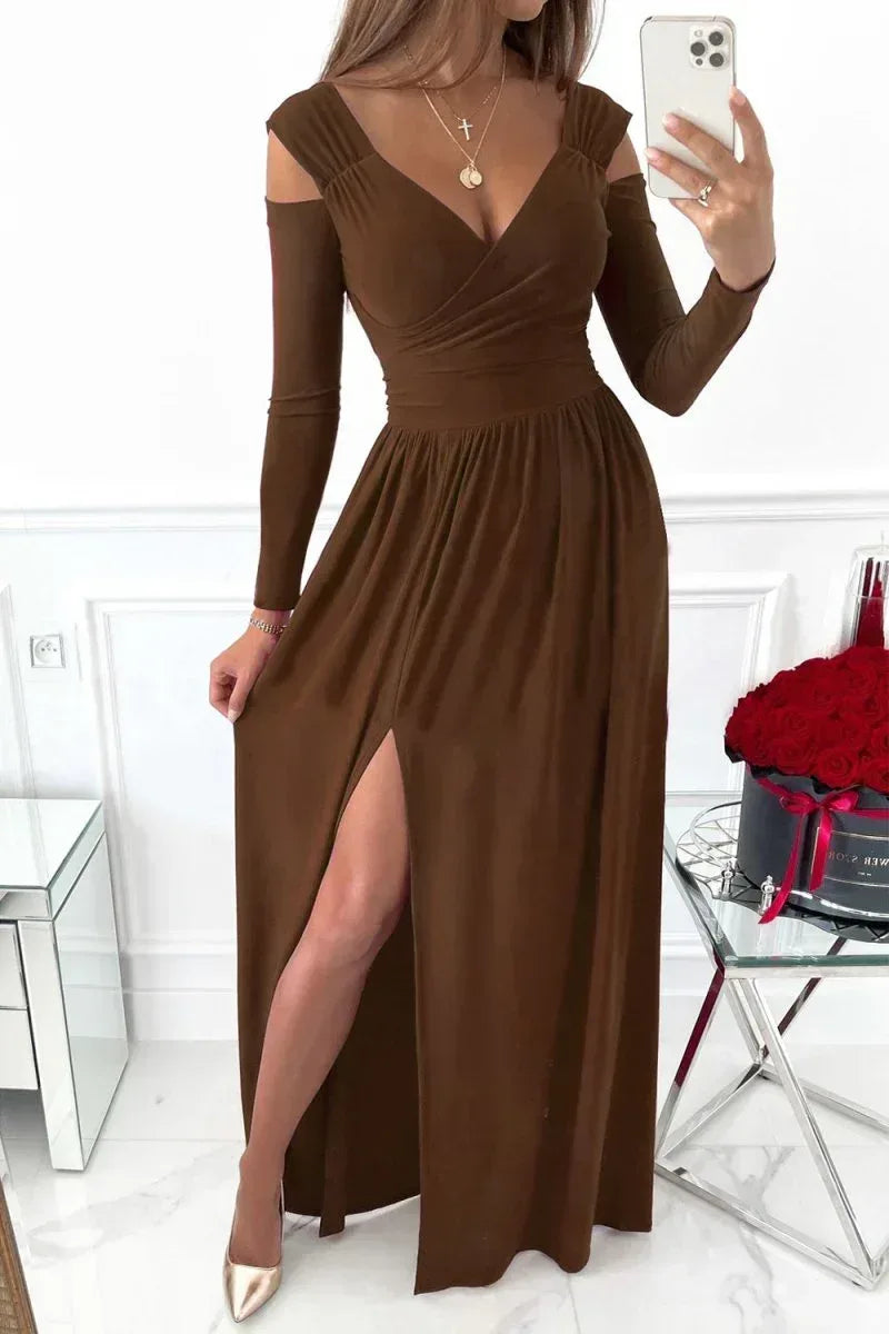 Elegant Evening Dress: Slit Surplice Long Sleeve Maxi Dress with Stretchy Fit by Kenike - Allen-Fitness