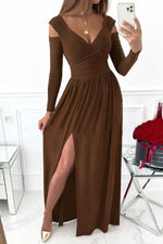 Elegant Evening Dress: Slit Surplice Long Sleeve Maxi Dress with Stretchy Fit by Kenike - Allen-Fitness
