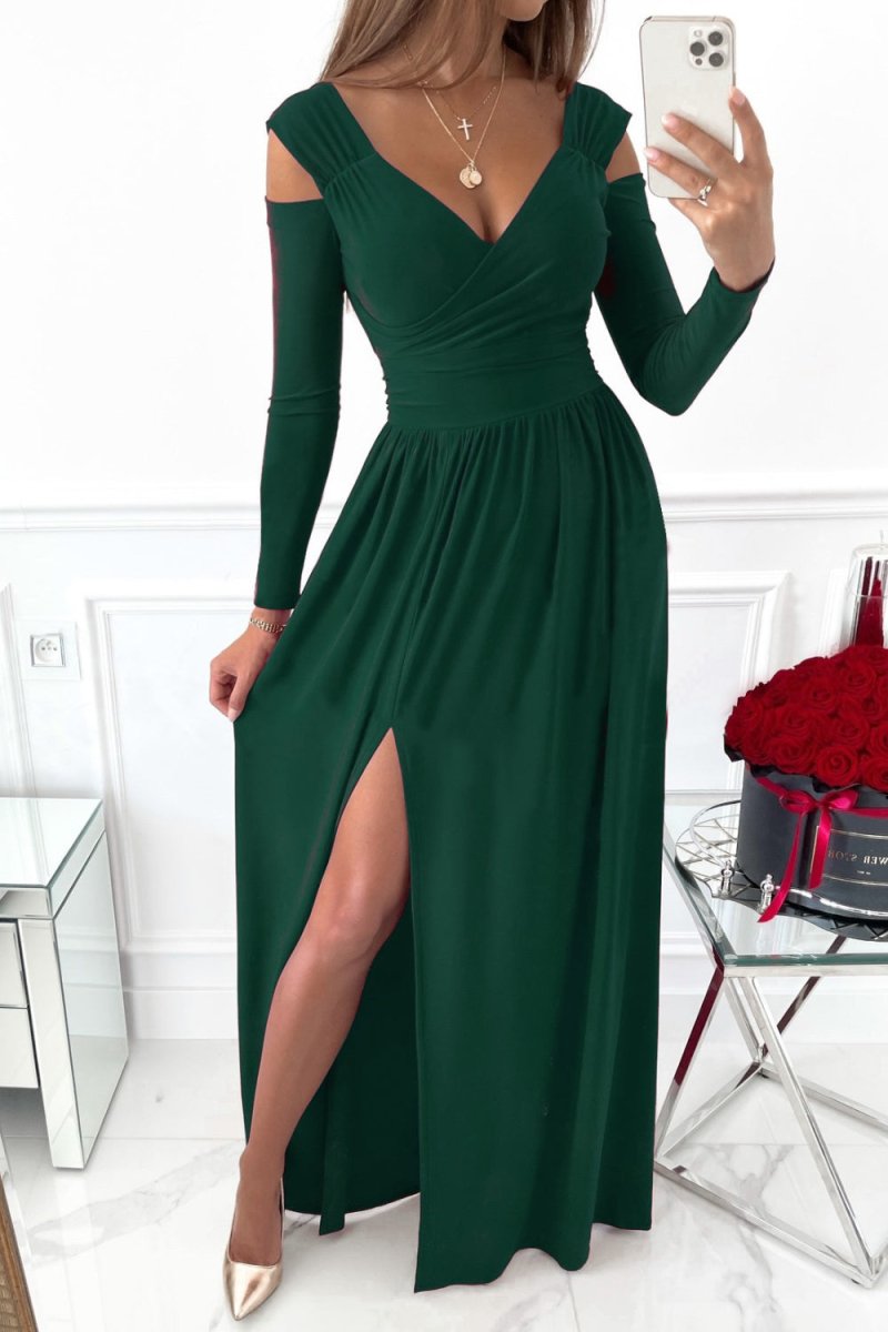 Elegant Evening Dress: Slit Surplice Long Sleeve Maxi Dress with Stretchy Fit by Kenike - Allen - Fitness