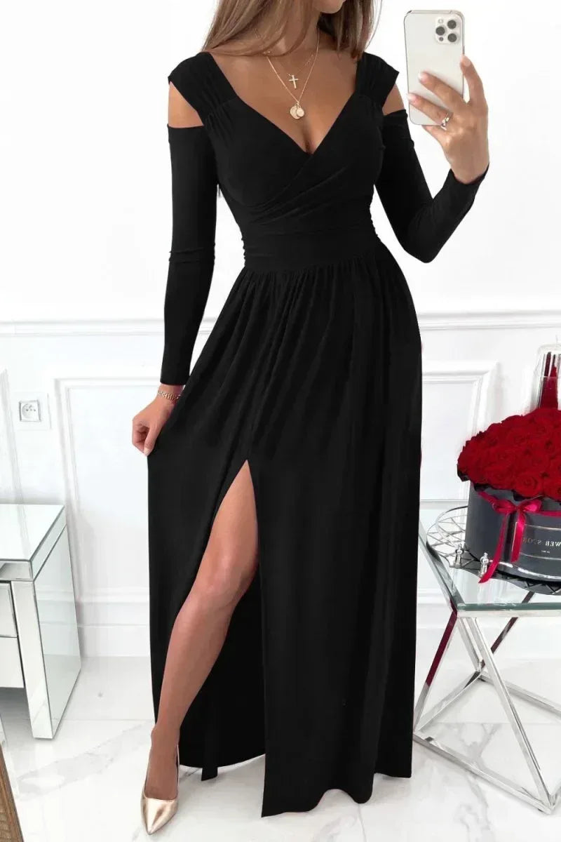 Elegant Evening Dress: Slit Surplice Long Sleeve Maxi Dress with Stretchy Fit by Kenike - Allen-Fitness