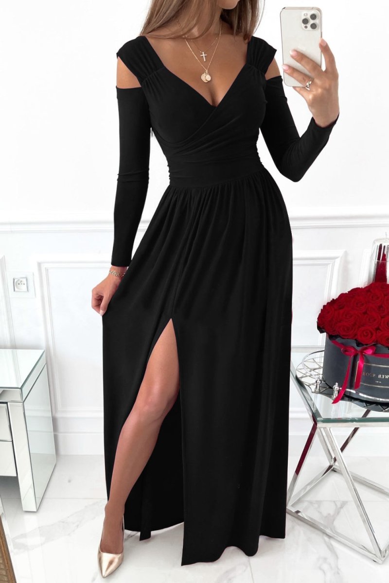 Elegant Evening Dress: Slit Surplice Long Sleeve Maxi Dress with Stretchy Fit by Kenike - Allen - Fitness