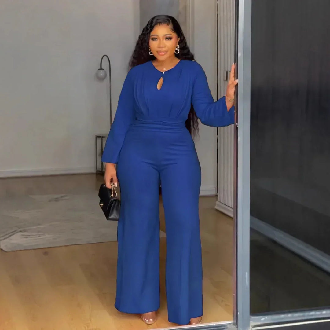 Elegant Jumpsuit For Women - Slim Fit Hollow-Out Design, Cinched Waist, Wide Leg, Long Sleeve - Allen-Fitness