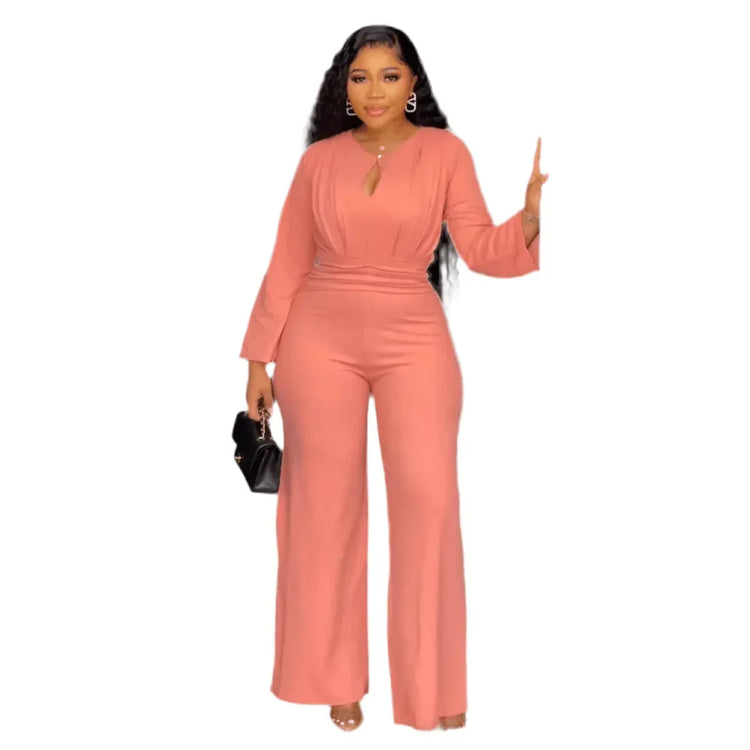 Elegant Jumpsuit For Women - Slim Fit Hollow-Out Design, Cinched Waist, Wide Leg, Long Sleeve - Allen-Fitness