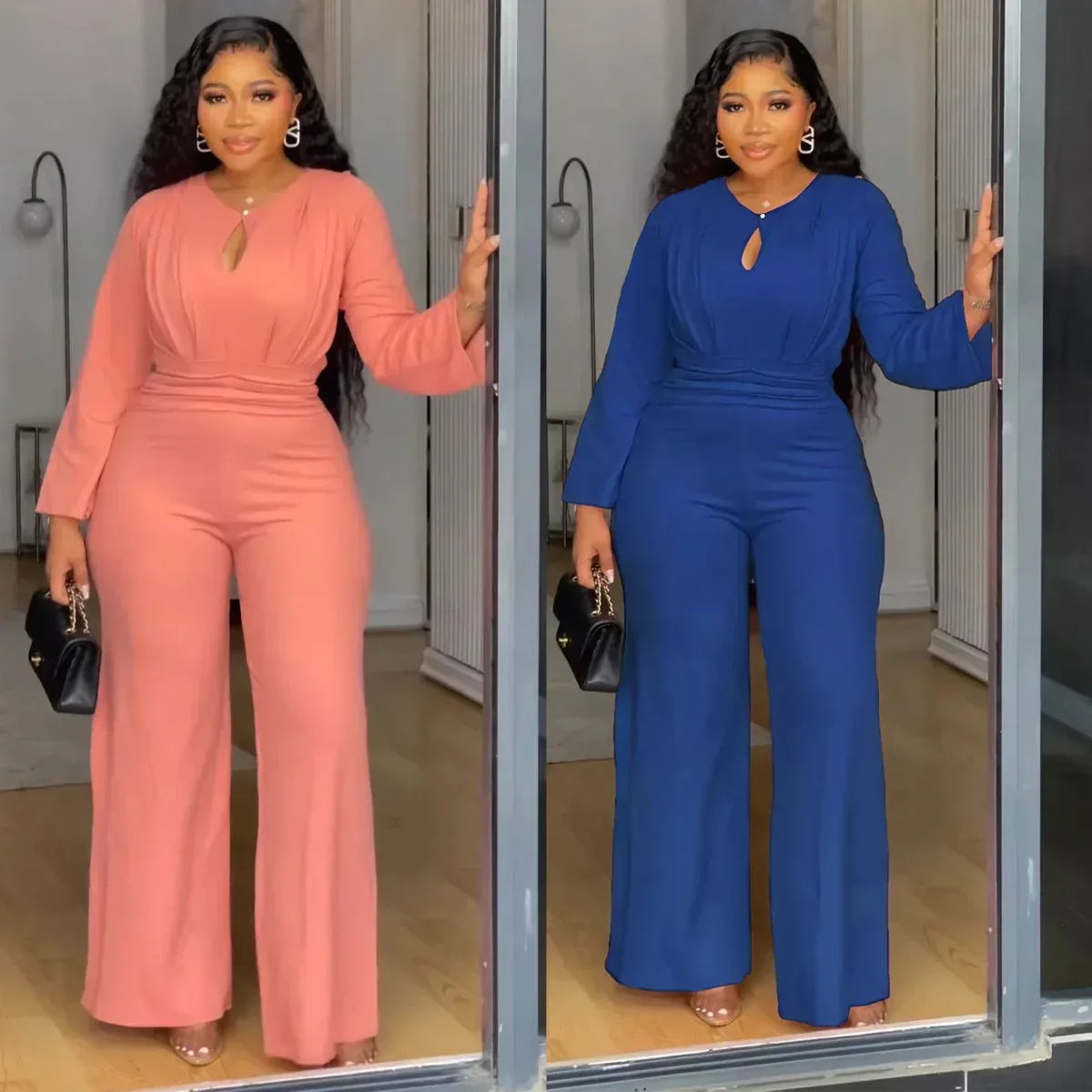 Elegant Jumpsuit For Women - Slim Fit Hollow-Out Design, Cinched Waist, Wide Leg, Long Sleeve - Allen-Fitness