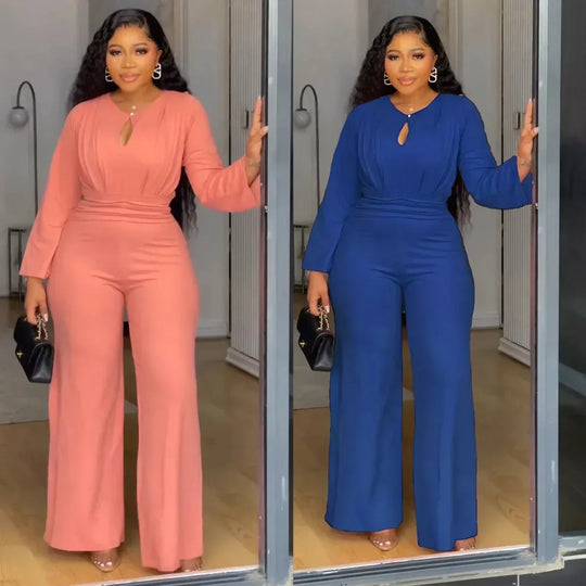 Elegant Jumpsuit For Women - Slim Fit Hollow-Out Design, Cinched Waist, Wide Leg, Long Sleeve - Allen-Fitness