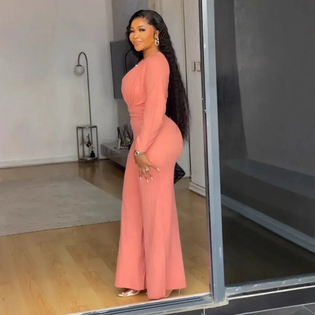 Elegant Jumpsuit For Women - Slim Fit Hollow-Out Design, Cinched Waist, Wide Leg, Long Sleeve - Allen-Fitness