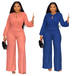 Elegant Jumpsuit For Women - Slim Fit Hollow-Out Design, Cinched Waist, Wide Leg, Long Sleeve - Allen-Fitness