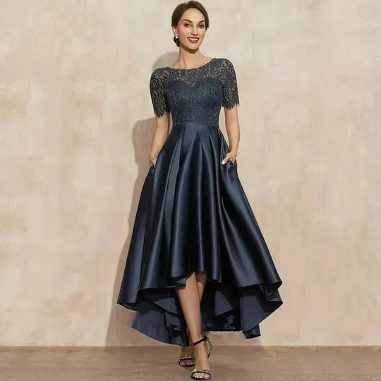 Elegant Lace Party Dress With Short Front And Long Back Design In Navy Blue - Sizes US2-26W - Allen-Fitness
