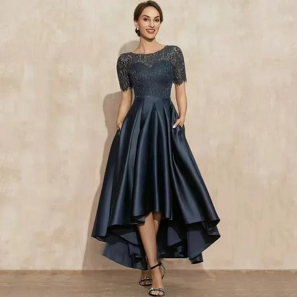 Elegant Lace Party Dress With Short Front And Long Back Design In Navy Blue - Sizes US2-26W - Allen-Fitness