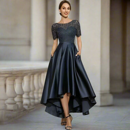 Elegant Lace Party Dress With Short Front And Long Back Design In Navy Blue - Sizes US2-26W - Allen-Fitness