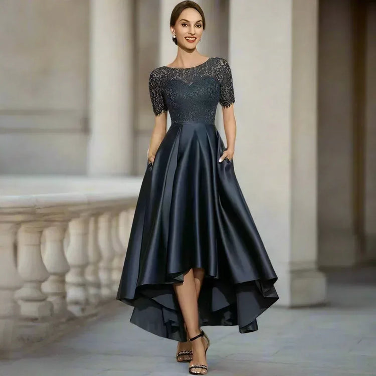 Elegant Lace Party Dress With Short Front And Long Back Design In Navy Blue - Sizes US2-26W - Allen-Fitness