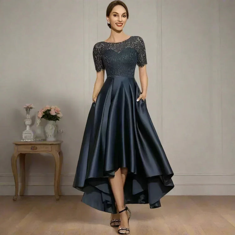 Elegant Lace Party Dress With Short Front And Long Back Design In Navy Blue - Sizes US2-26W - Allen-Fitness