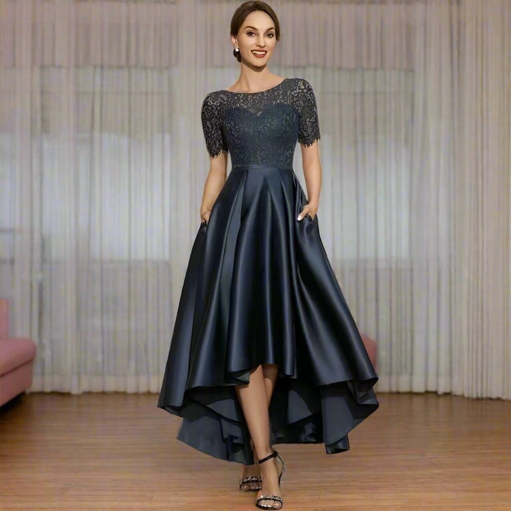 Elegant Lace Party Dress With Short Front And Long Back Design In Navy Blue - Sizes US2-26W - Allen-Fitness