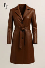 Elegant Leather Trench Coat by Prestige Tannery - Premium Brown Full-Grain Classic Design - Allen-Fitness