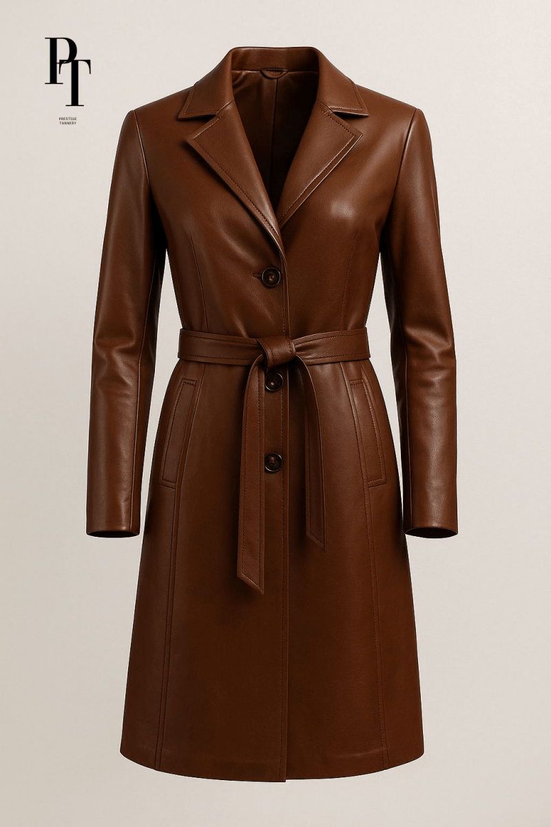 Elegant Leather Trench Coat by Prestige Tannery - Premium Brown Full - Grain Classic Design - Allen - Fitness