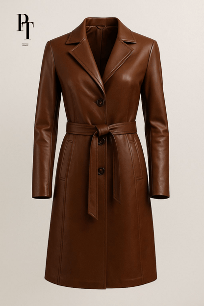 Elegant Leather Trench Coat by Prestige Tannery - Premium Brown Full - Grain Classic Design - Allen - Fitness