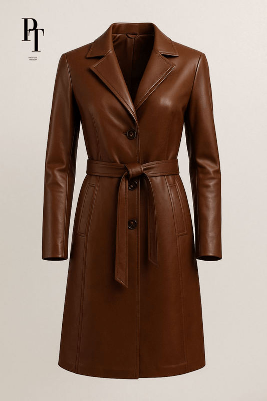 Elegant Leather Trench Coat by Prestige Tannery - Premium Brown Full - Grain Classic Design - Allen - Fitness