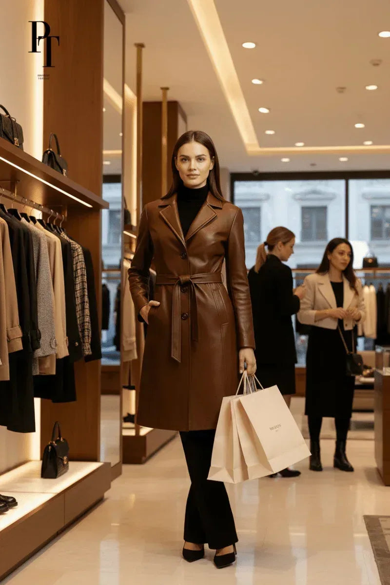 Elegant Leather Trench Coat by Prestige Tannery - Premium Brown Full-Grain Classic Design - Allen-Fitness