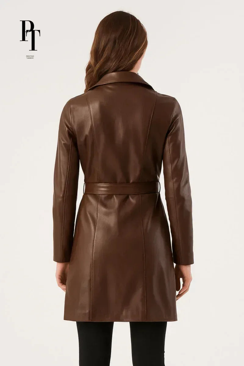 Elegant Leather Trench Coat by Prestige Tannery - Premium Brown Full-Grain Classic Design - Allen-Fitness