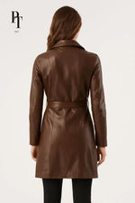 Elegant Leather Trench Coat by Prestige Tannery - Premium Brown Full-Grain Classic Design - Allen-Fitness