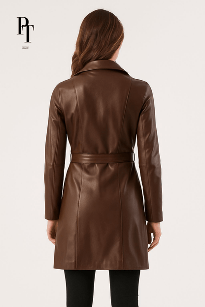 Elegant Leather Trench Coat by Prestige Tannery - Premium Brown Full - Grain Classic Design - Allen - Fitness