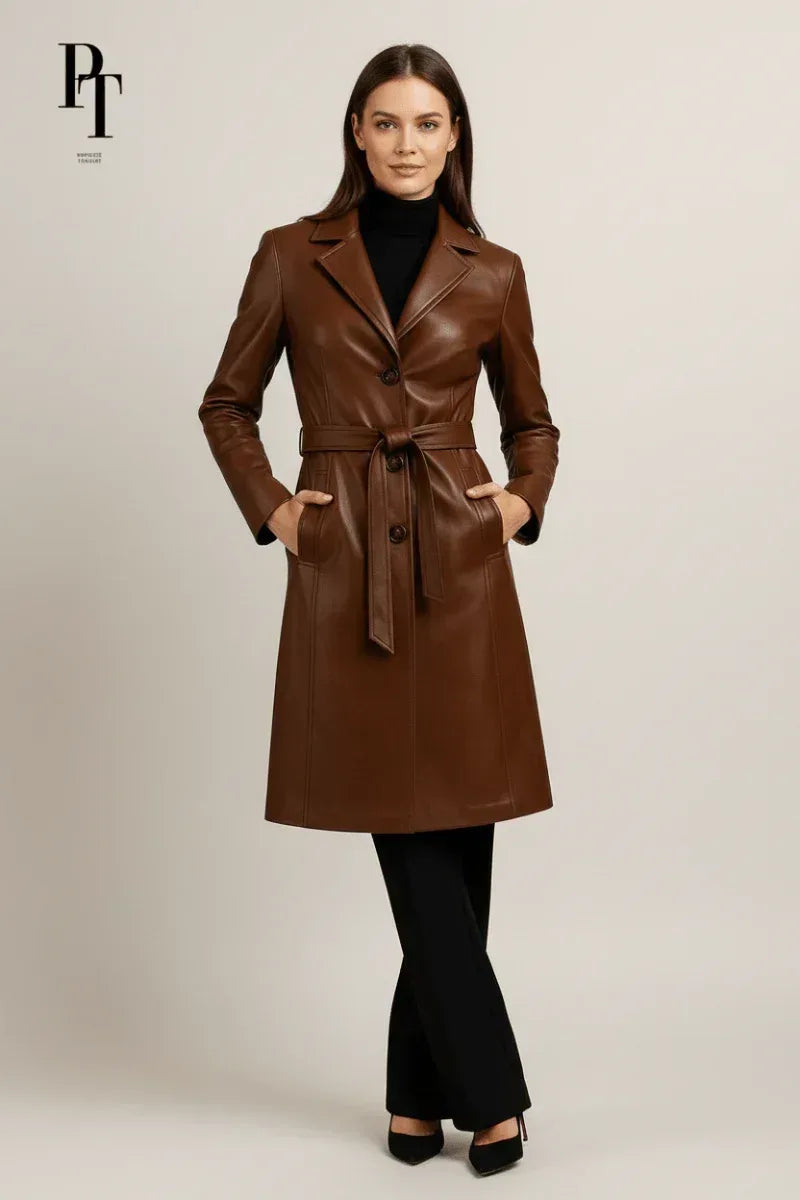 Elegant Leather Trench Coat by Prestige Tannery - Premium Brown Full-Grain Classic Design - Allen-Fitness