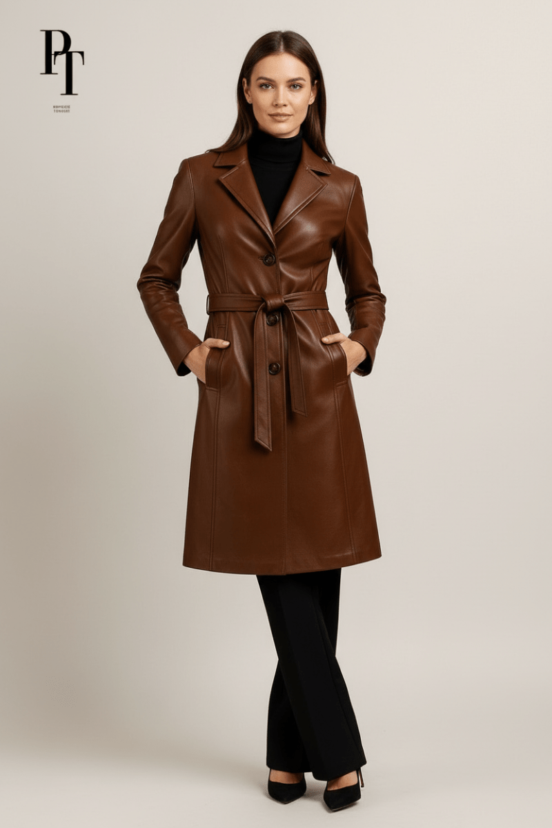 Elegant Leather Trench Coat by Prestige Tannery - Premium Brown Full - Grain Classic Design - Allen - Fitness