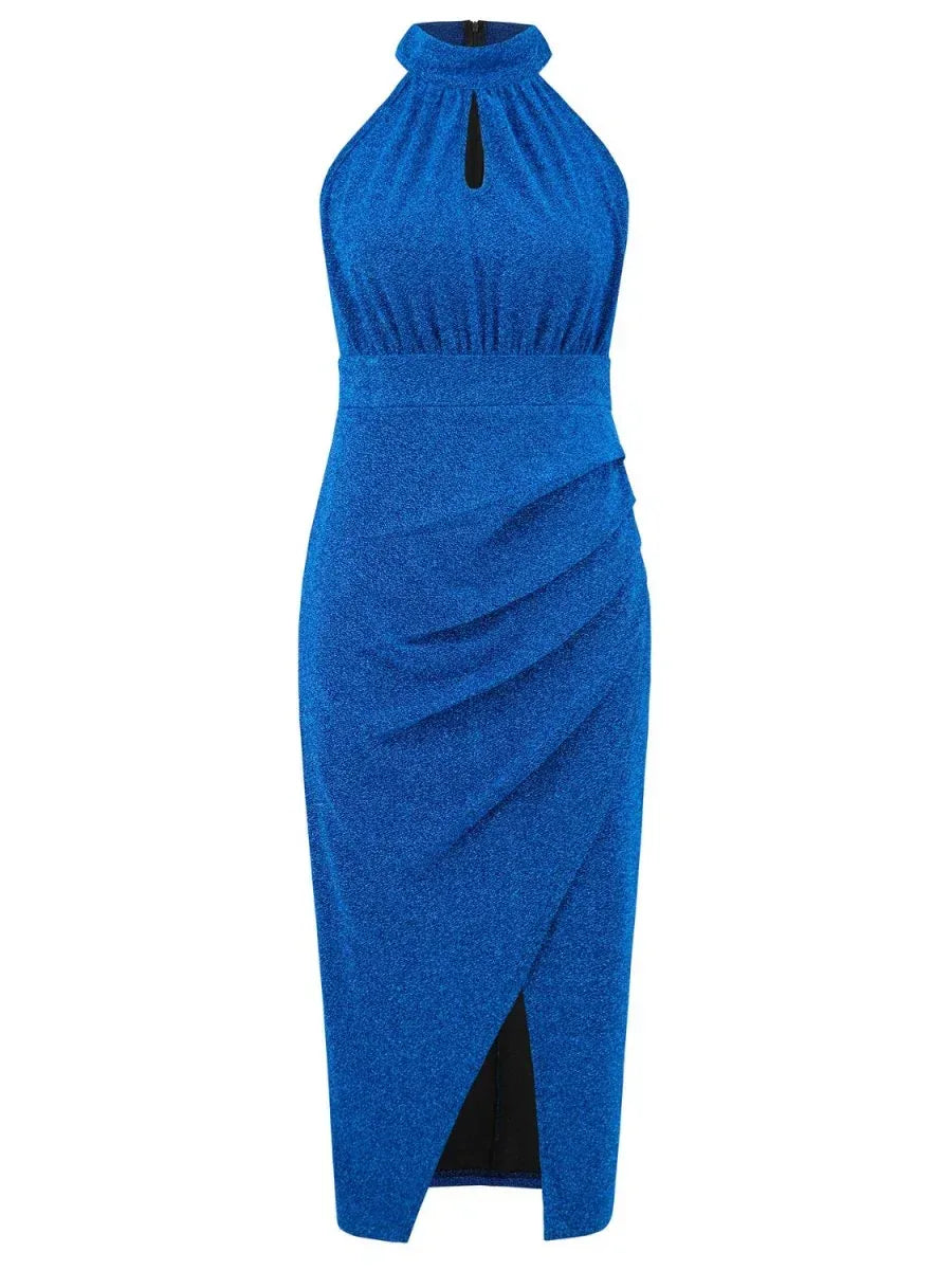 Elegant Mock Neck Sleeveless Dress with Slit - 100% Polyester, Opaque, Machine Washable - Allen-Fitness