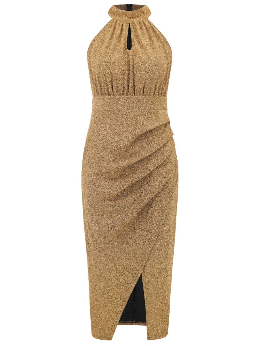 Elegant Mock Neck Sleeveless Dress with Slit - 100% Polyester, Opaque, Machine Washable - Allen - Fitness