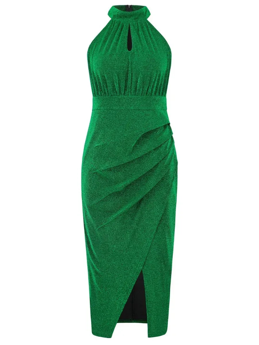 Elegant Mock Neck Sleeveless Dress with Slit - 100% Polyester, Opaque, Machine Washable - Allen-Fitness