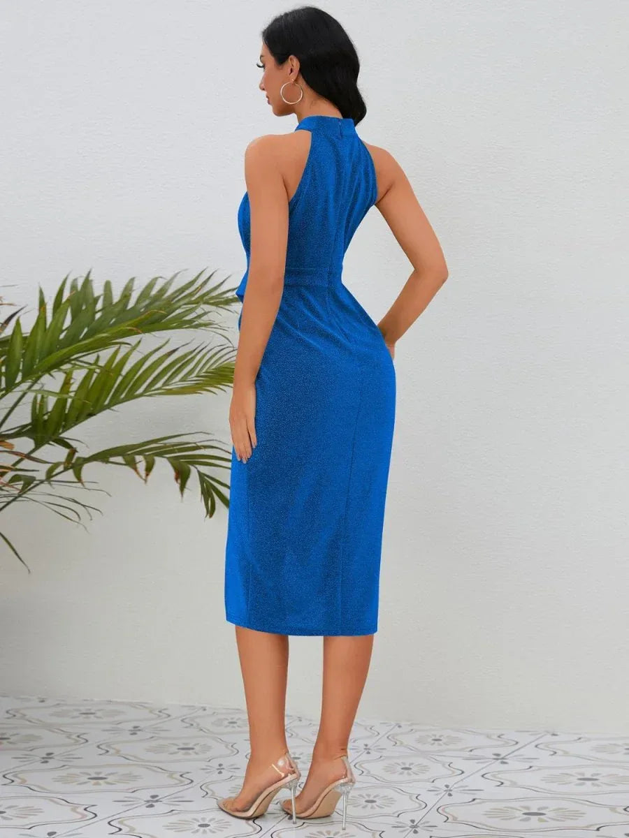 Elegant Mock Neck Sleeveless Dress with Slit - 100% Polyester, Opaque, Machine Washable - Allen-Fitness