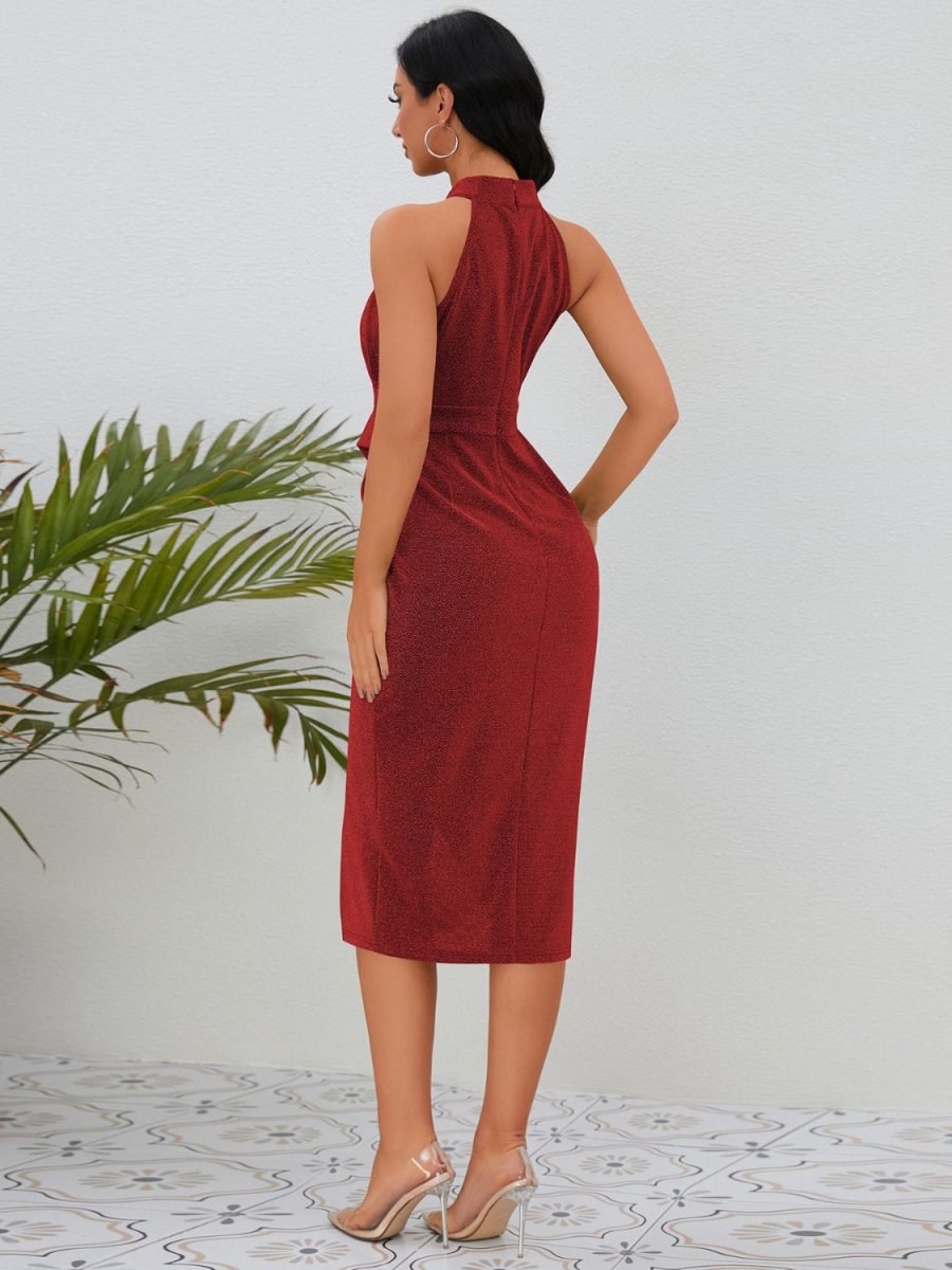 Elegant Mock Neck Sleeveless Dress with Slit - 100% Polyester, Opaque, Machine Washable - Allen - Fitness