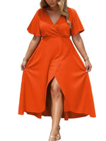 Elegant Plus Size Flutter Sleeve Dress with Surplice Neckline - Perfect for Any Occasion - Allen-Fitness