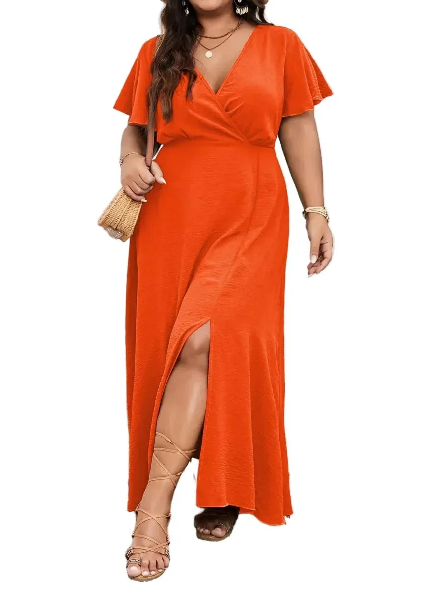 Elegant Plus Size Flutter Sleeve Dress with Surplice Neckline - Perfect for Any Occasion - Allen-Fitness