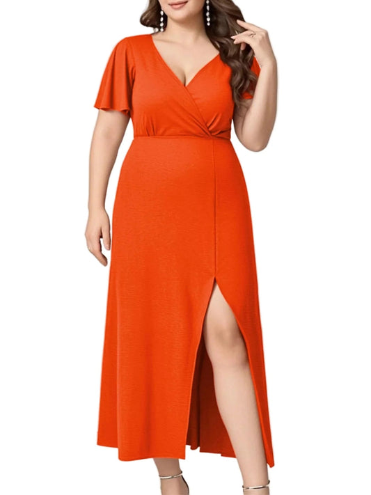 Elegant Plus Size Flutter Sleeve Dress with Surplice Neckline - Perfect for Any Occasion - Allen - Fitness