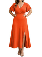 Elegant Plus Size Flutter Sleeve Dress with Surplice Neckline - Perfect for Any Occasion - Allen-Fitness