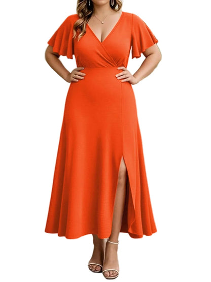 Elegant Plus Size Flutter Sleeve Dress with Surplice Neckline - Perfect for Any Occasion - Allen - Fitness