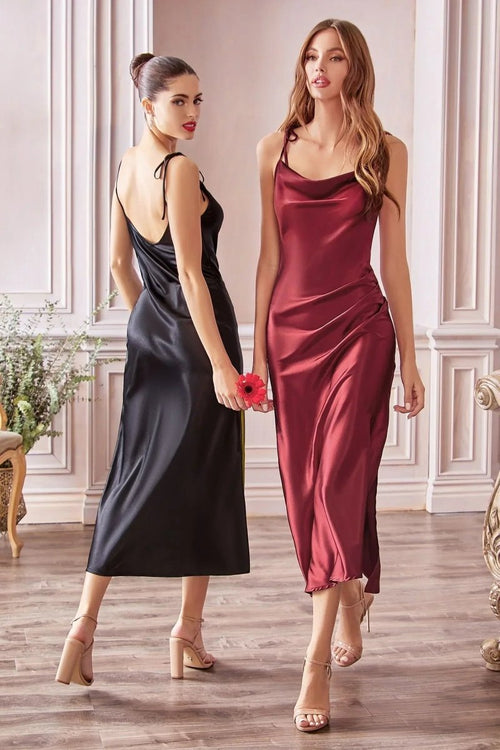 Elegant Satin Midi Dress with Cowl Neckline and Side Split for Bridesmaids