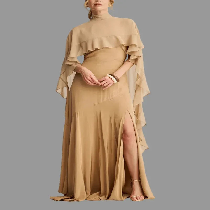 Elegant Strap Evening Dress With High-Neck Ruffled Cape and A-Line Silhouette for Formal Events - Allen-Fitness