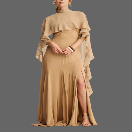 Elegant Strap Evening Dress With High - Neck Ruffled Cape and A - Line Silhouette for Formal Events - Allen - Fitness