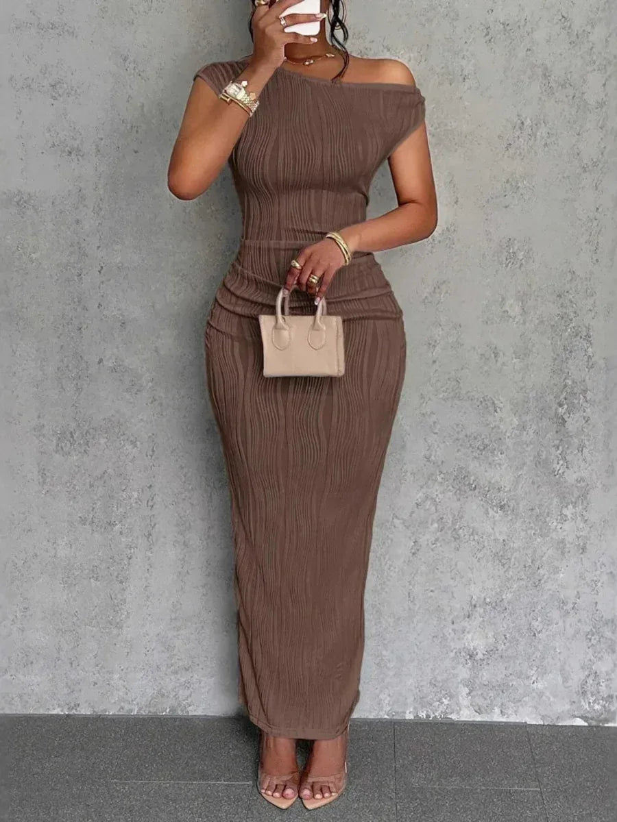 Elegant Textured Maxi Dress - Single Shoulder Bodycon Style for Modern Women - Allen-Fitness
