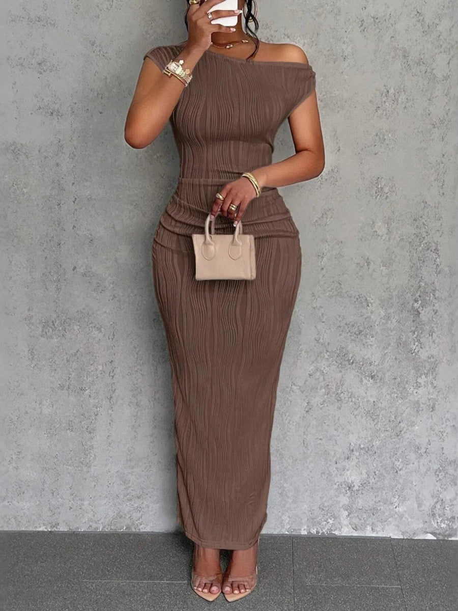 Elegant Textured Maxi Dress - Single Shoulder Bodycon Style for Modern Women - Allen - Fitness
