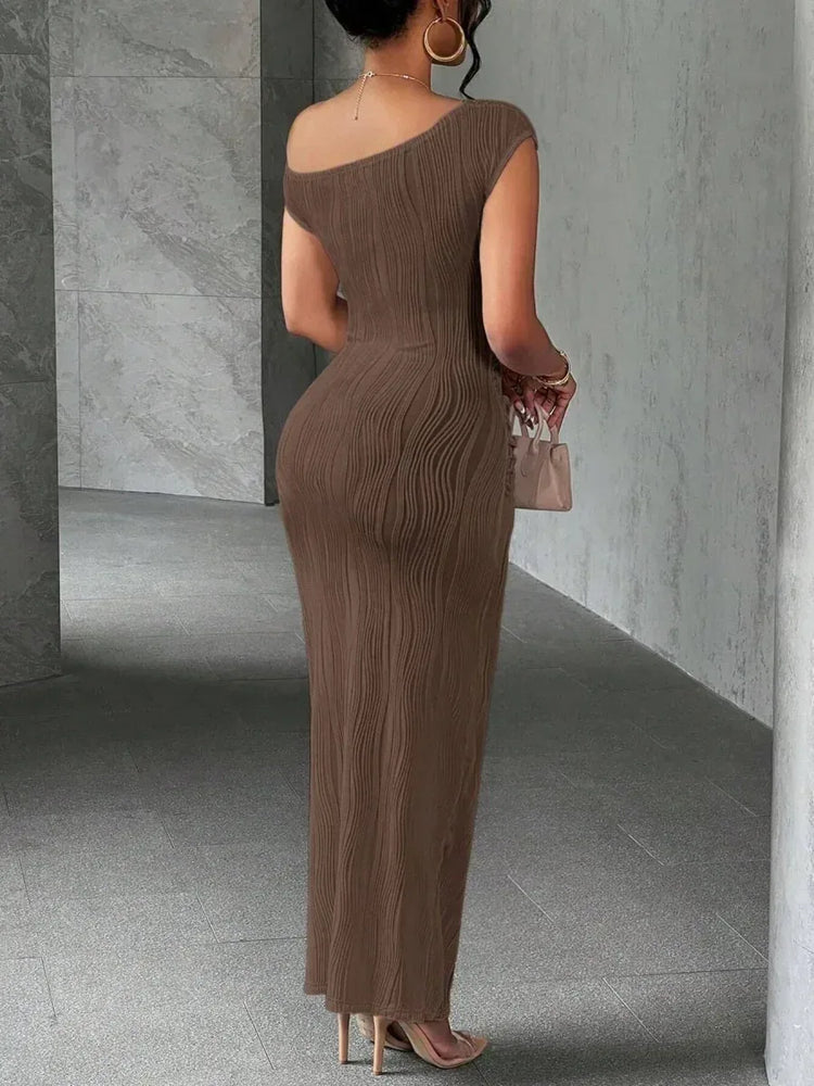 Elegant Textured Maxi Dress - Single Shoulder Bodycon Style for Modern Women - Allen-Fitness